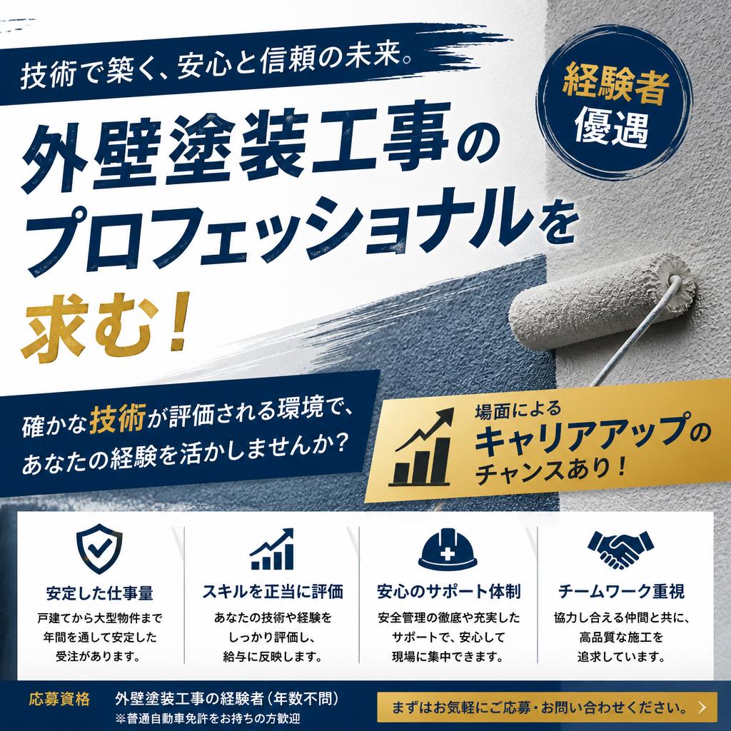外壁塗装工事のプロフェッショナルを求む！経験者優遇、場面によるキャリアアップのチャンスあり